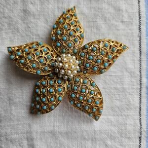 Vintage Flower Ocean Star Brooch, Faux Pearl & Turquoise